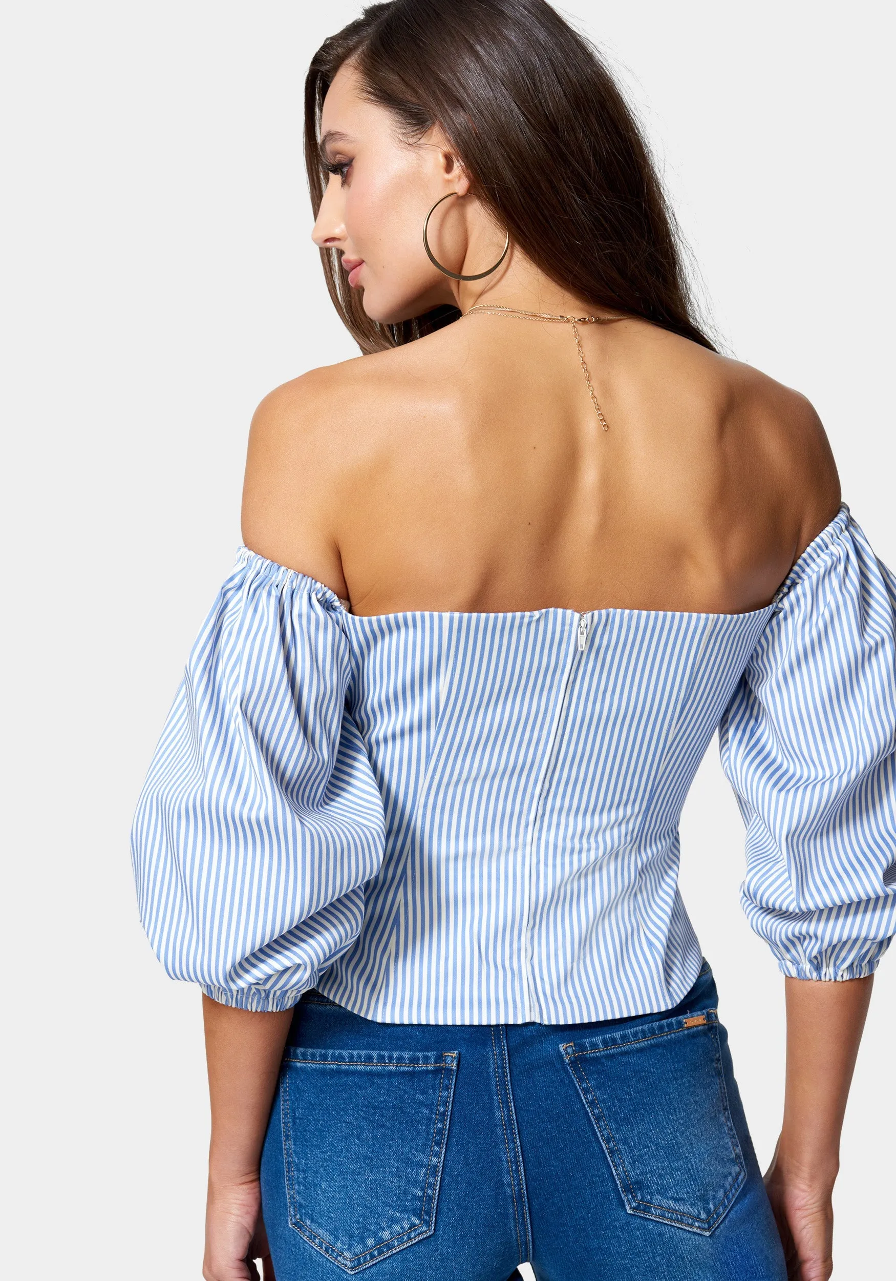 Poplin Bubble Sleeve Off Shoulder Draped Top