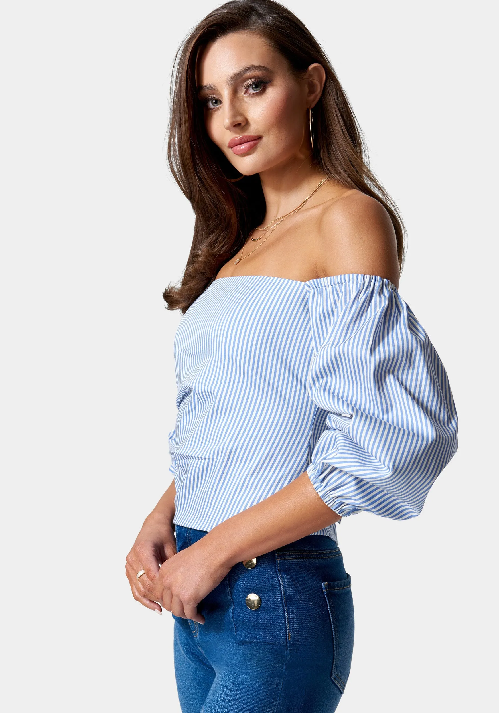 Poplin Bubble Sleeve Off Shoulder Draped Top