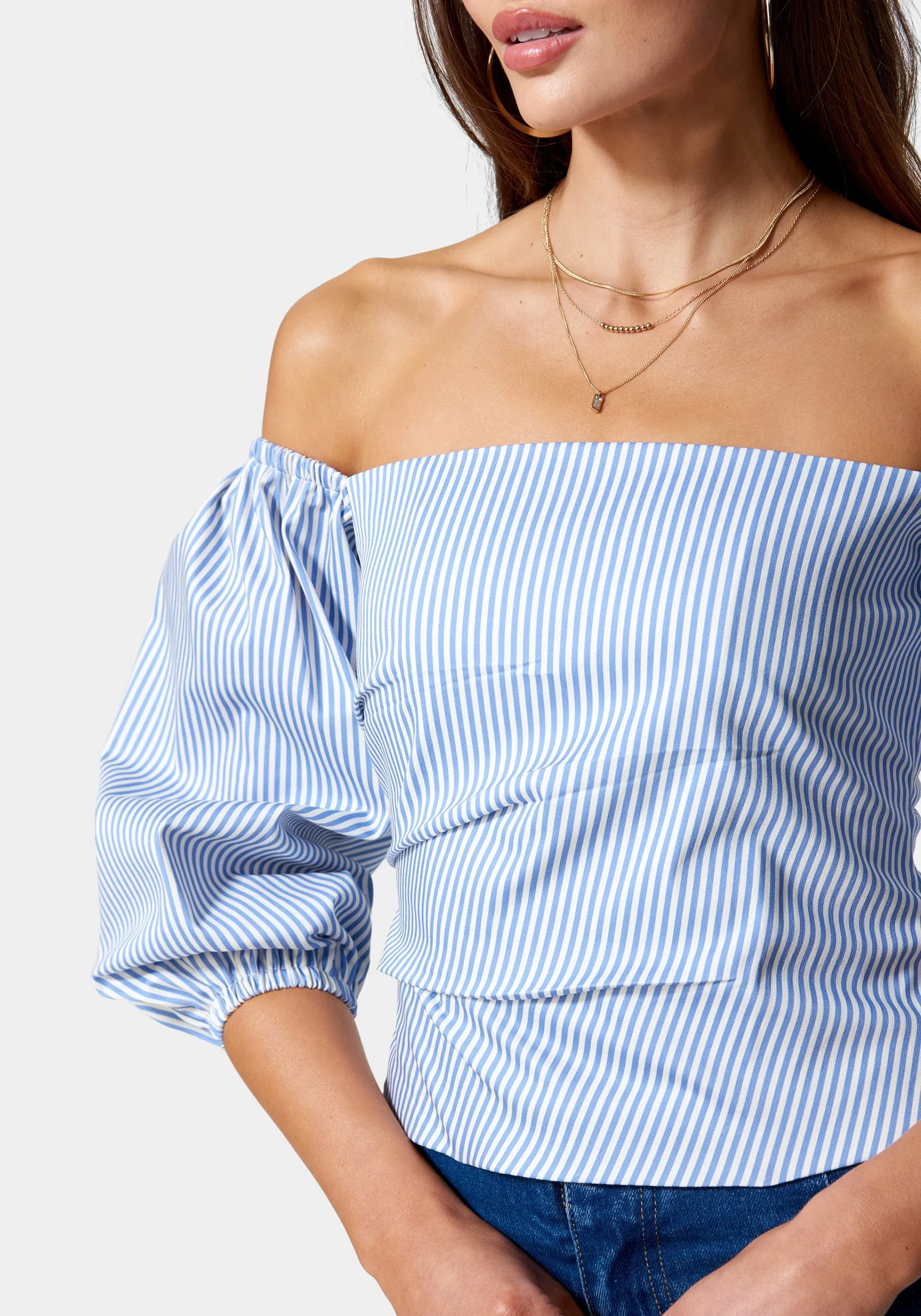 Poplin Bubble Sleeve Off Shoulder Draped Top