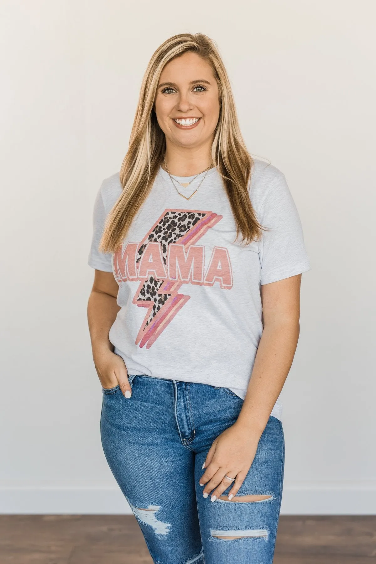 "Mama" Leopard Lightning Bolt Graphic Tee- Heather Grey