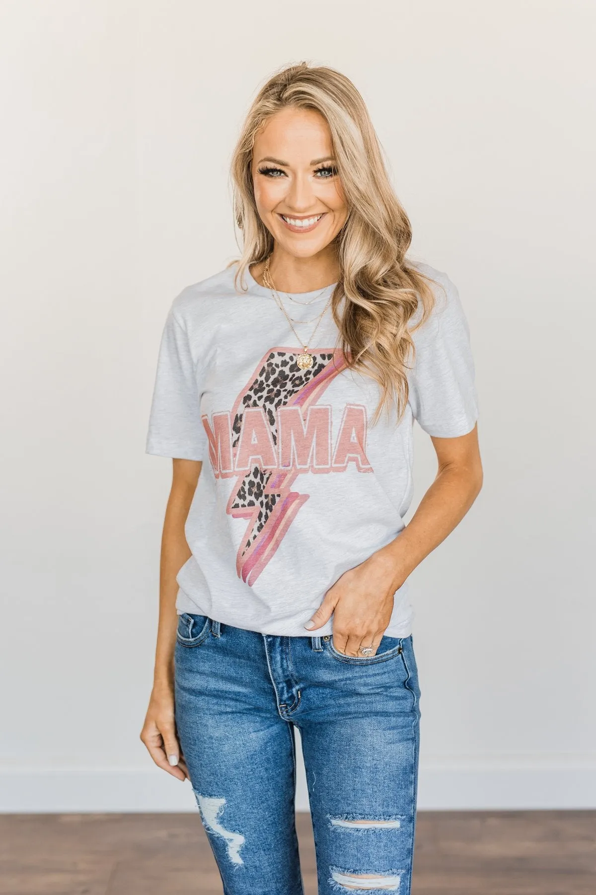 "Mama" Leopard Lightning Bolt Graphic Tee- Heather Grey