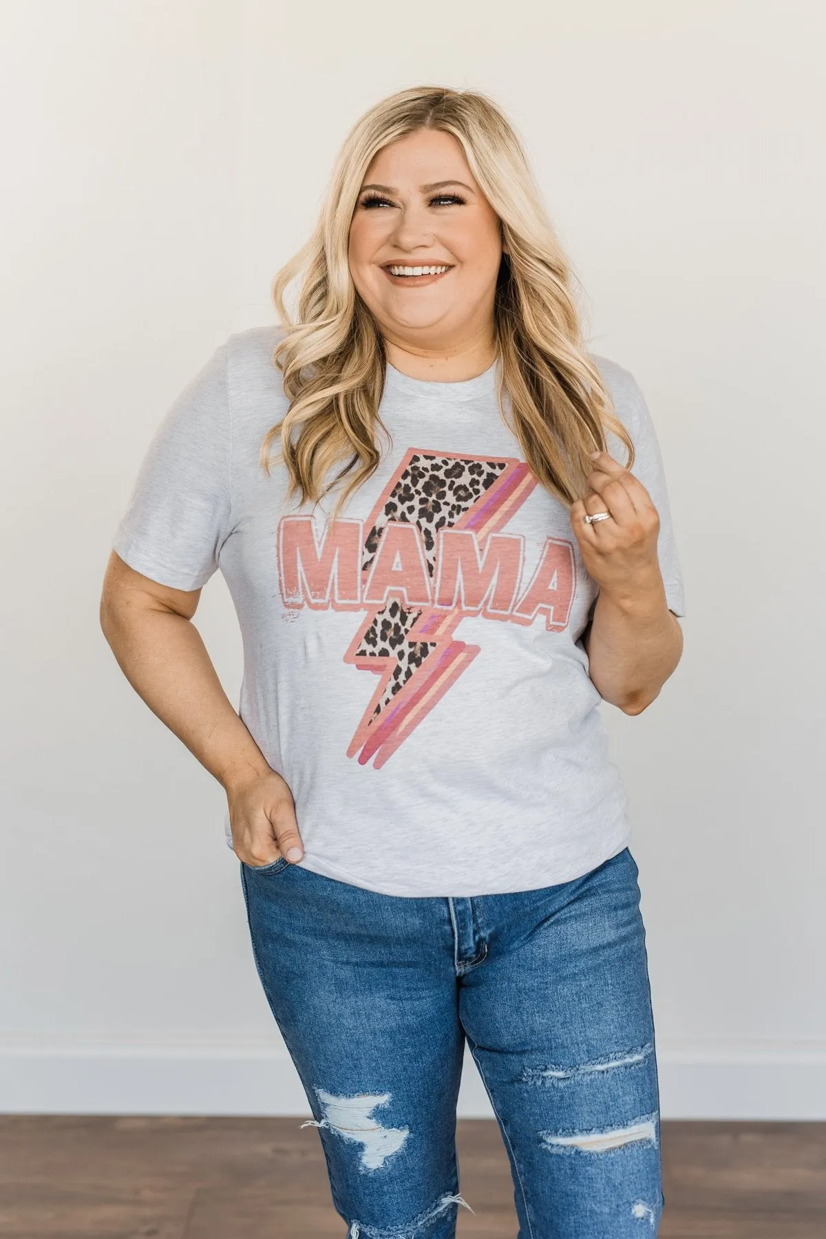 "Mama" Leopard Lightning Bolt Graphic Tee- Heather Grey