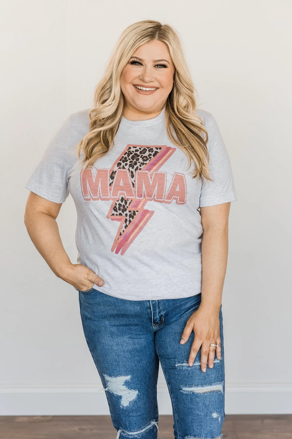 "Mama" Leopard Lightning Bolt Graphic Tee- Heather Grey