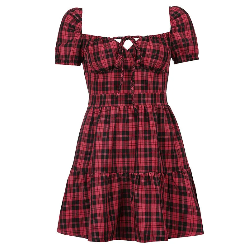 "RETRO BLACK RED PLAID LACE" DRESS N040604