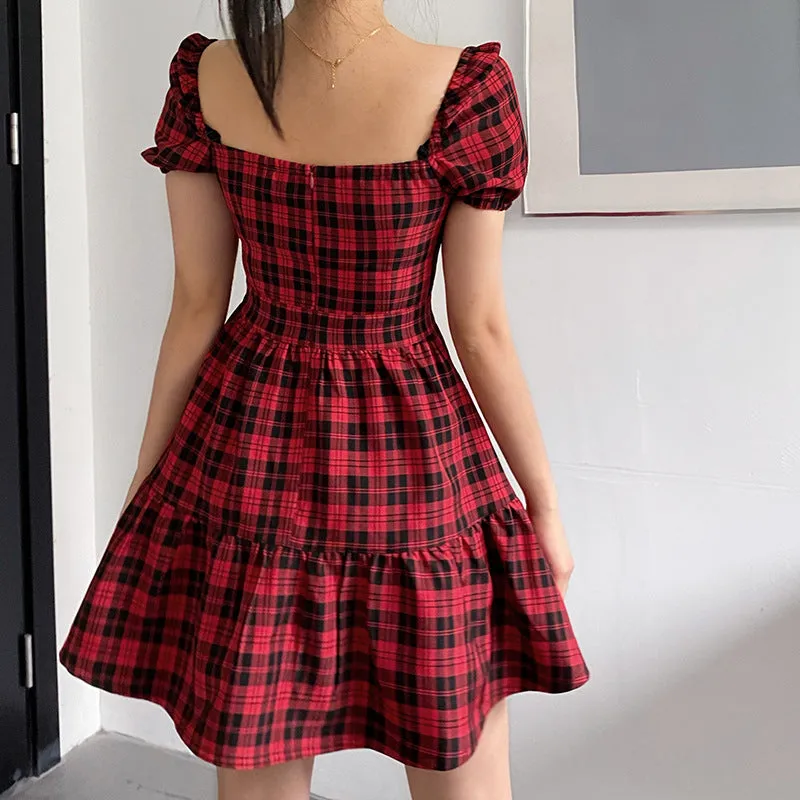 "RETRO BLACK RED PLAID LACE" DRESS N040604