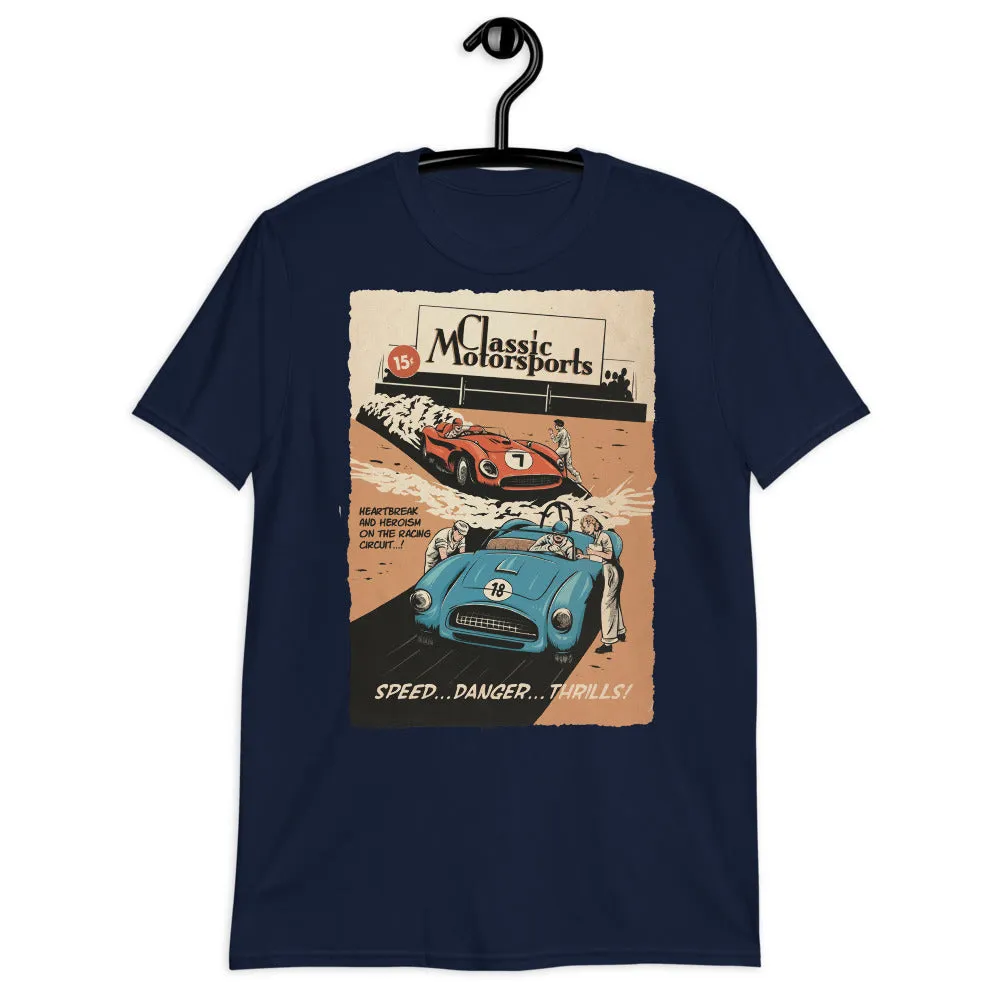 "Speed... Danger... Thrills!" Vintage Racing Front-Print Unisex T-Shirt