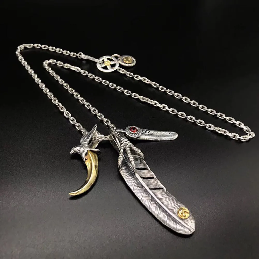 Real Solid 925 Sterling Silver Necklace Pendant Feather Eagle Claw Cross Punk Hip Hop Jewelry 22"-30"