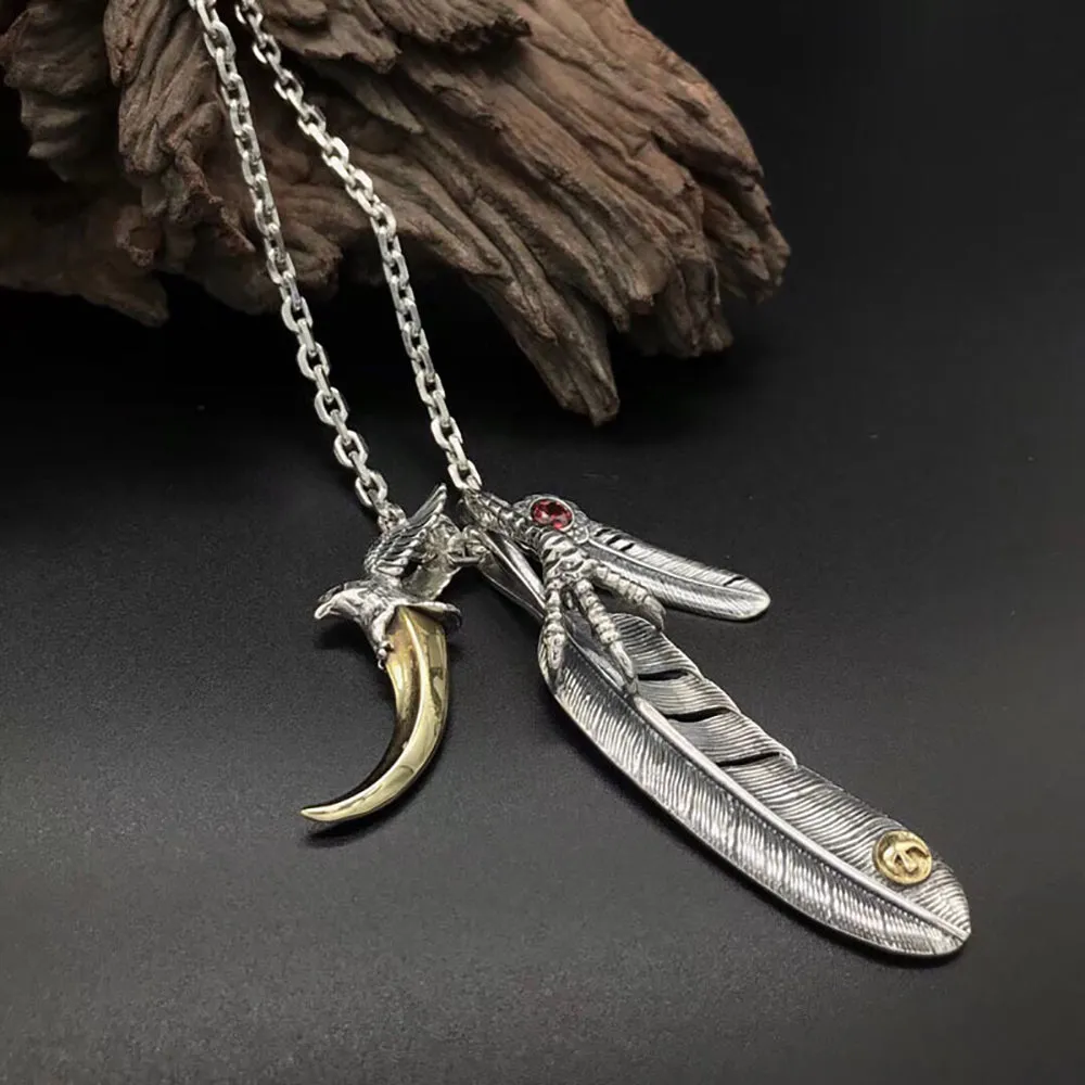 Real Solid 925 Sterling Silver Necklace Pendant Feather Eagle Claw Cross Punk Hip Hop Jewelry 22"-30"