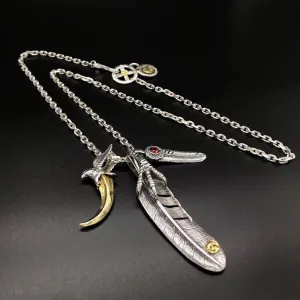Real Solid 925 Sterling Silver Necklace Pendant Feather Eagle Claw Cross Punk Hip Hop Jewelry 22"-30"