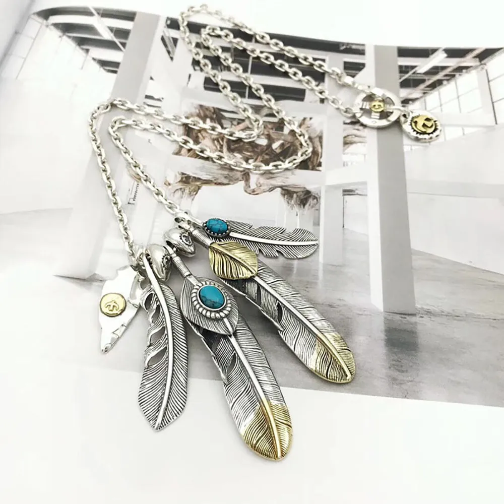 Real Solid 925 Sterling Silver Turquoise Necklace Pendant Feather Leaf Tassel Eagle Punk Hip Hop Jewelry 22"-30"