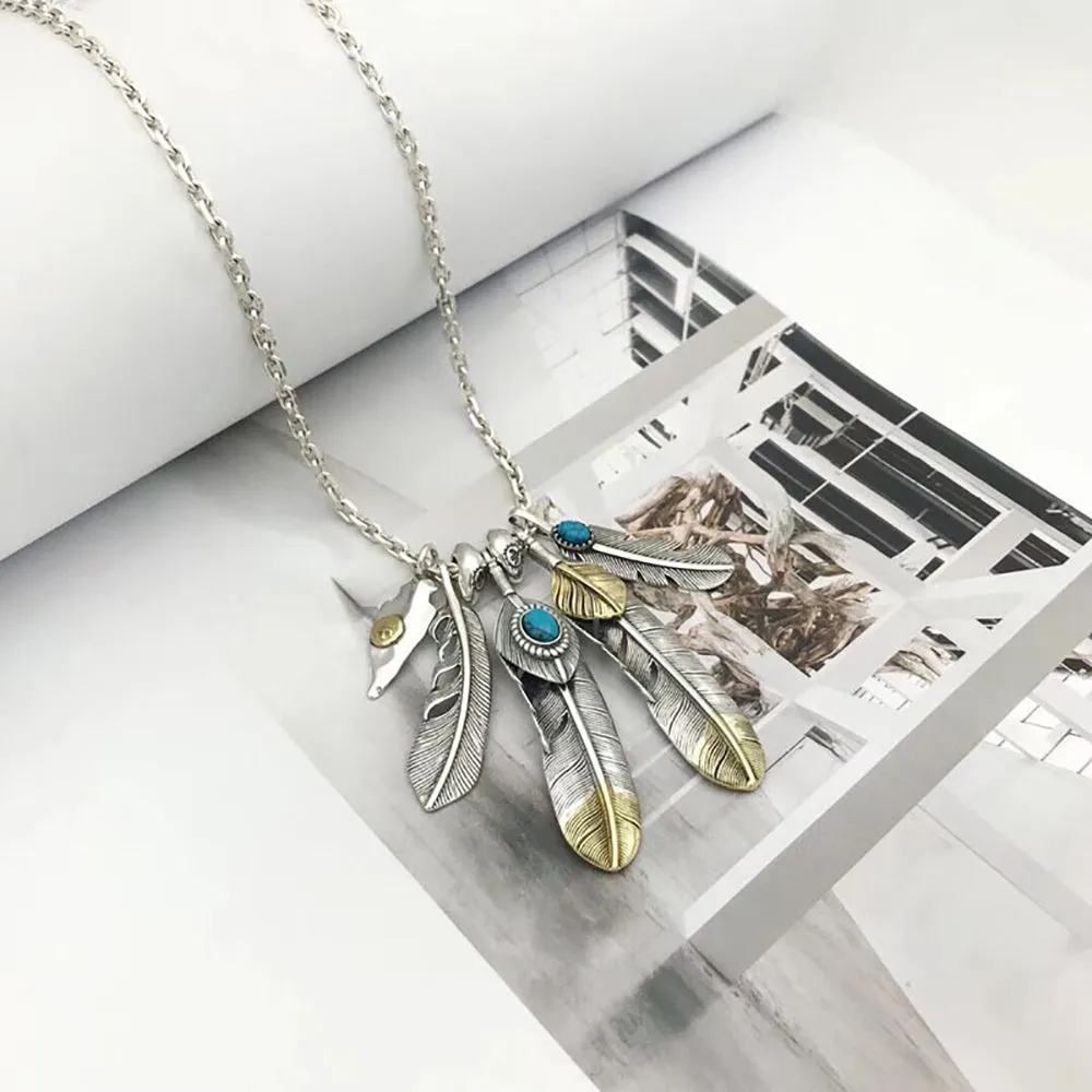 Real Solid 925 Sterling Silver Turquoise Necklace Pendant Feather Leaf Tassel Eagle Punk Hip Hop Jewelry 22"-30"