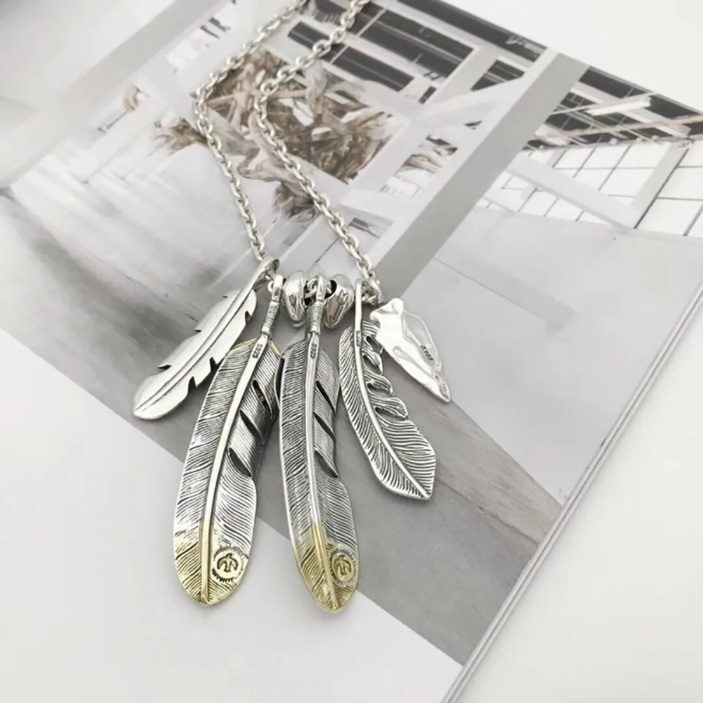 Real Solid 925 Sterling Silver Turquoise Necklace Pendant Feather Leaf Tassel Eagle Punk Hip Hop Jewelry 22"-30"