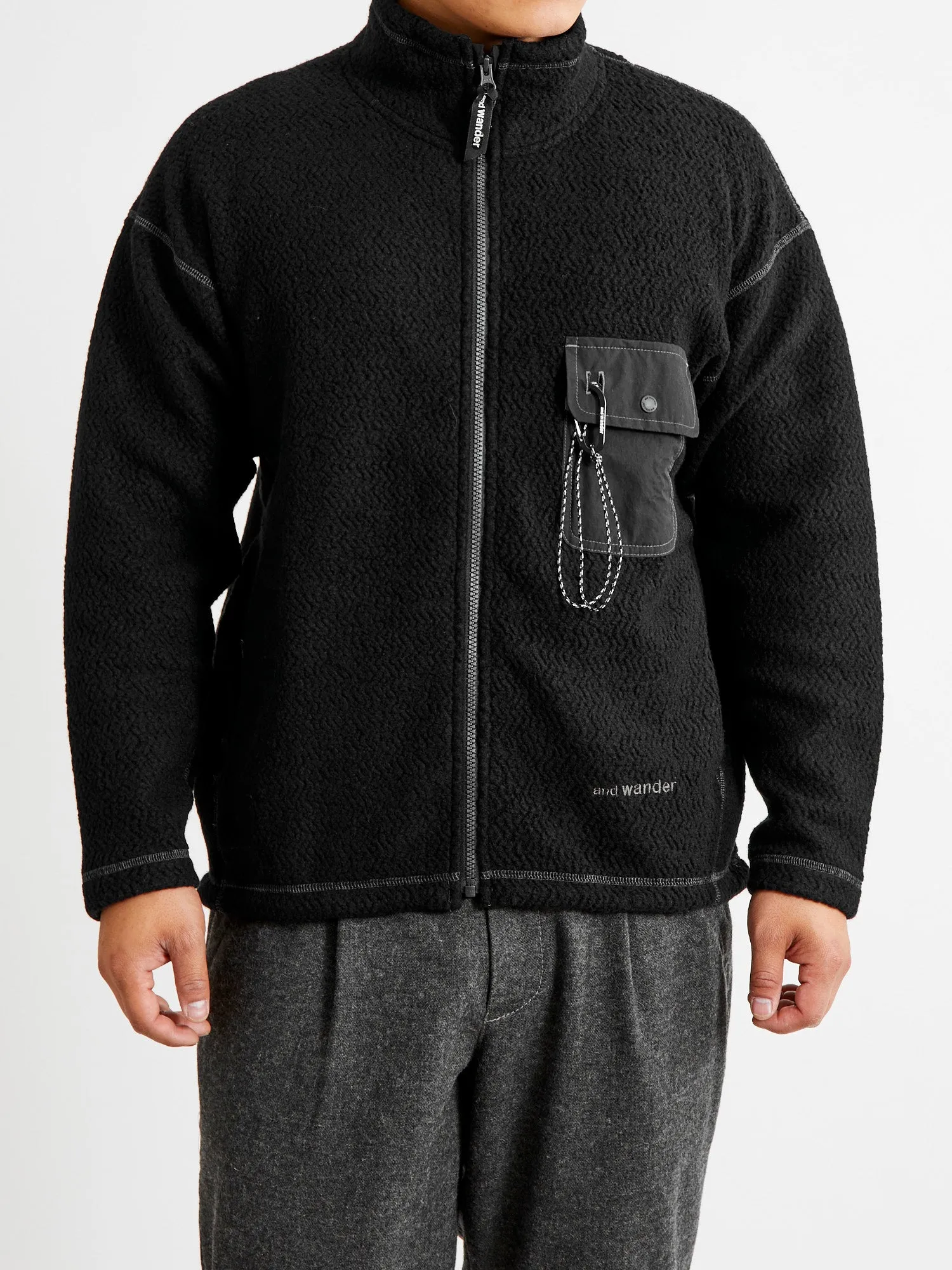 Recycled Wool Jacquard Zip Jacket in Black