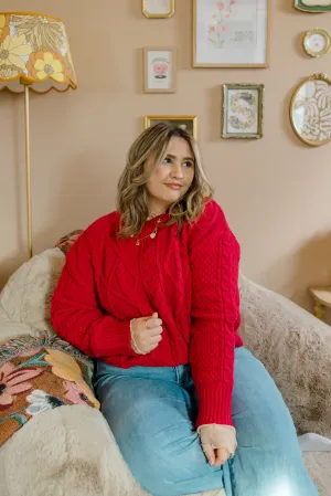 Red Chunky Cable Knit Sweater