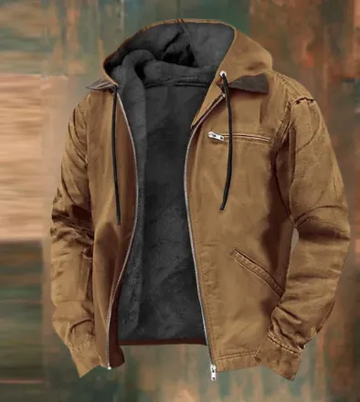 Robust men's jacket with hood, zipper and soft fleece lining