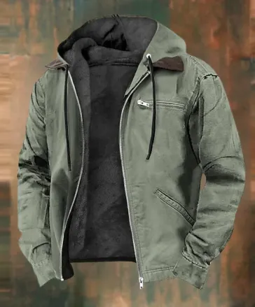 Robust men's jacket with hood, zipper and soft fleece lining