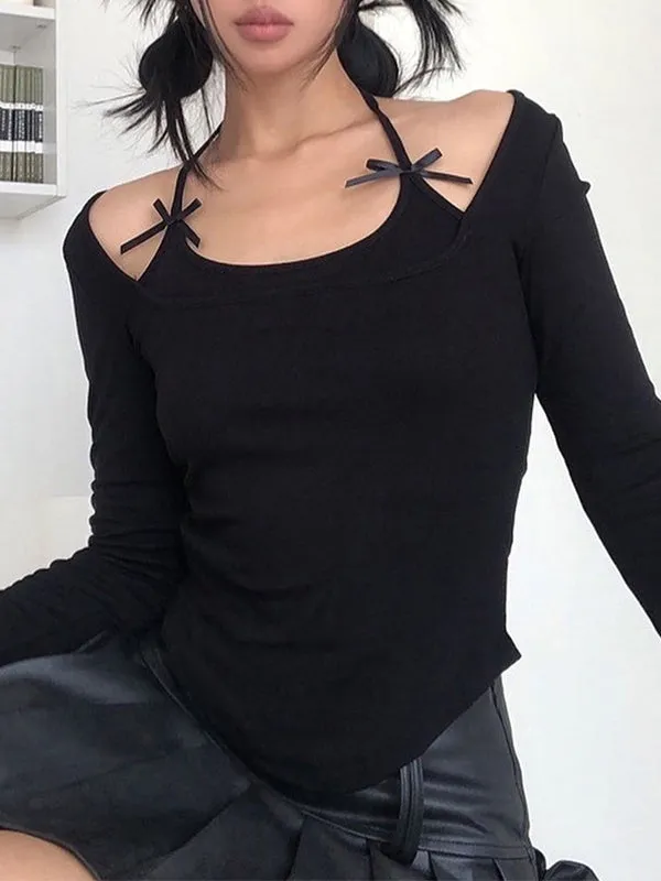 Schwarzes Vintage Halter Langarmshirt mit Schleifenverzierung