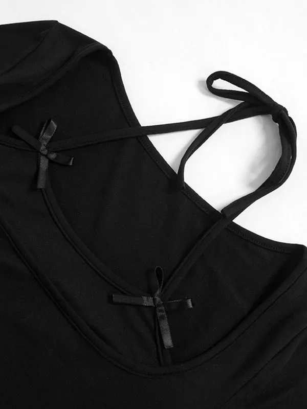 Schwarzes Vintage Halter Langarmshirt mit Schleifenverzierung