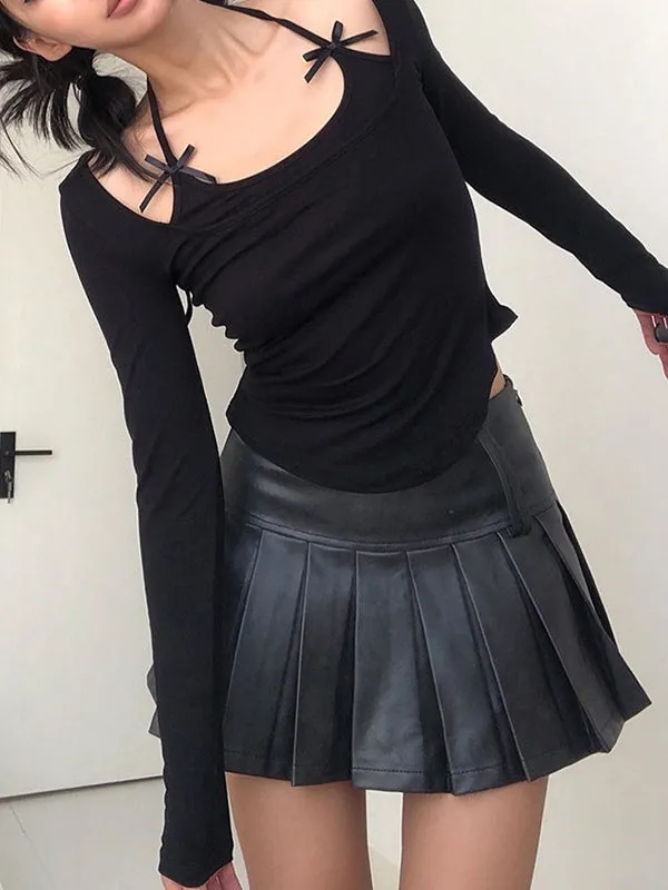 Schwarzes Vintage Halter Langarmshirt mit Schleifenverzierung