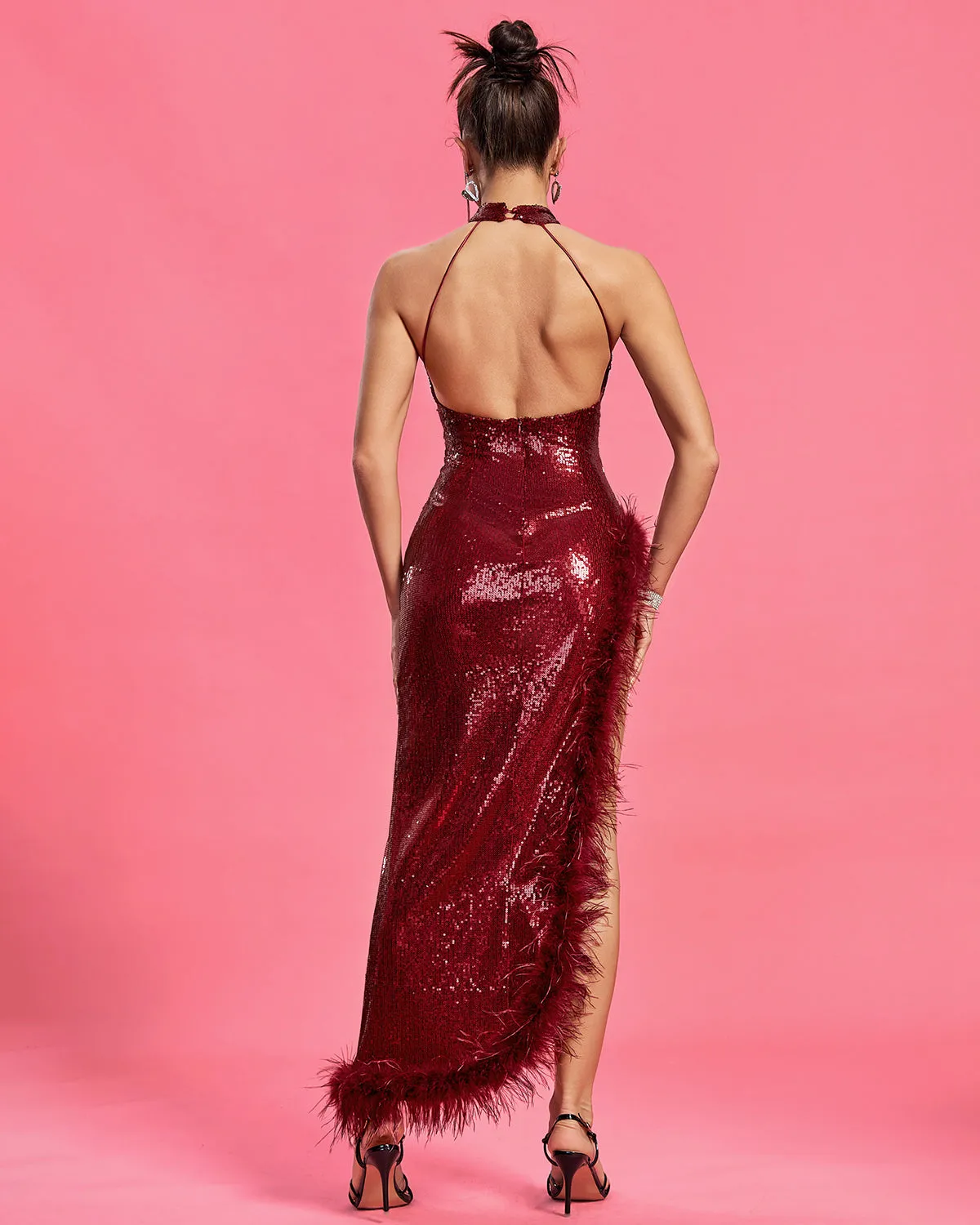 Sequin Feather Trim Backless Dress