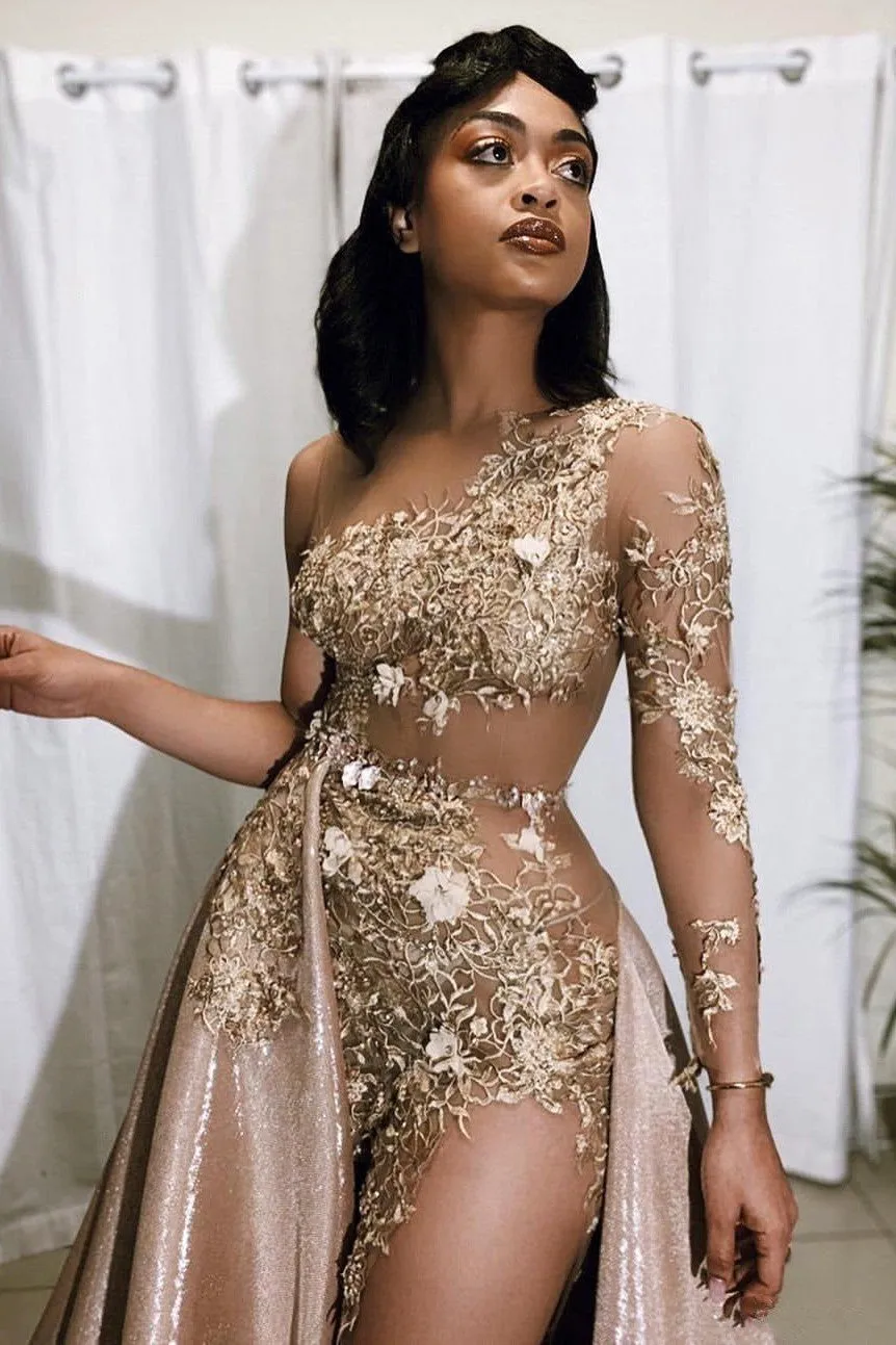 Sexy Gold Two-piece Prom Dress Sequins Long Sleeve On One Side