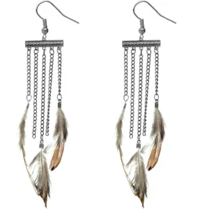 Silver Drop Chain Feather Earrings