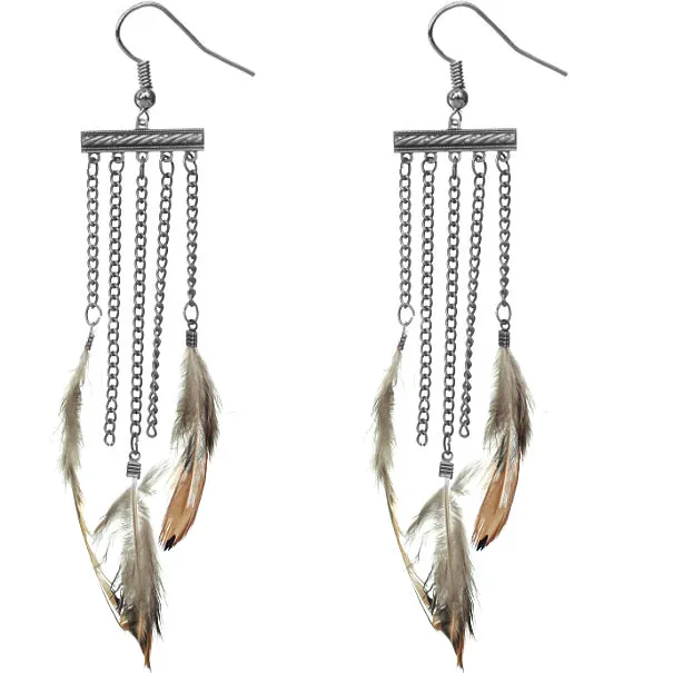 Silver Drop Chain Feather Earrings