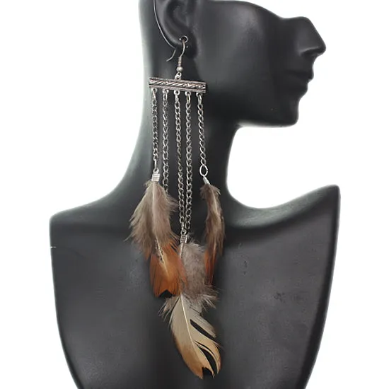 Silver Drop Chain Feather Earrings