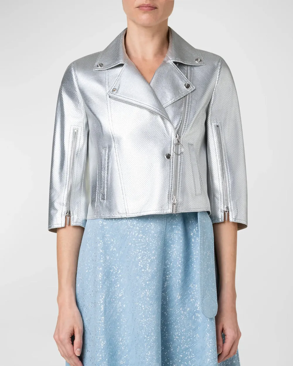 Silver Leather Perforated Pin Dot Biker Jacket