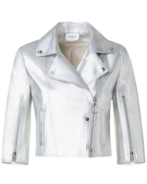 Silver Leather Perforated Pin Dot Biker Jacket