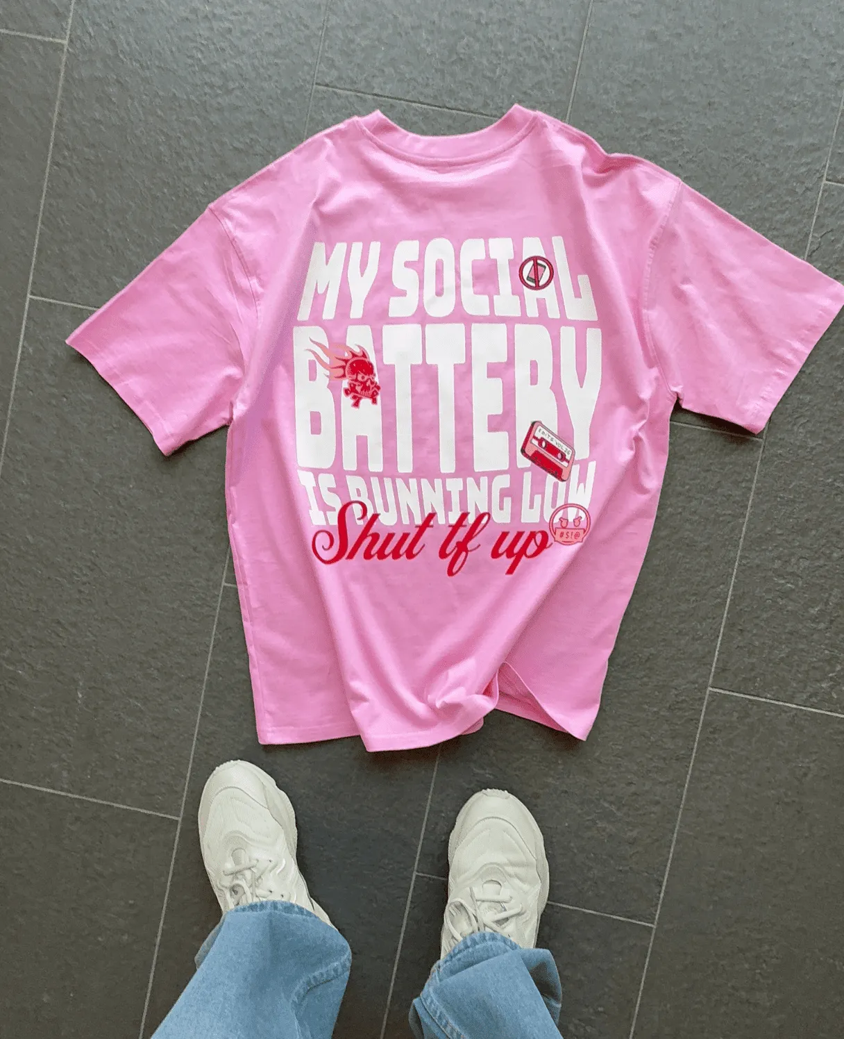 Social Battery Printed Oversized T-shirt | Drop Shoulder T-shirt