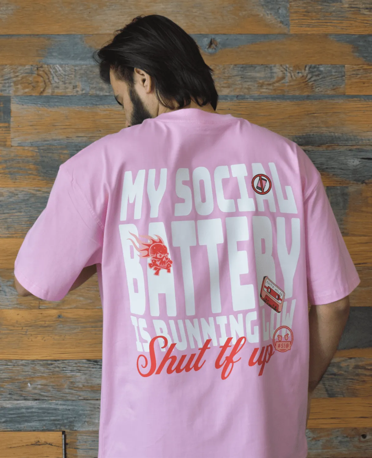 Social Battery Printed Oversized T-shirt | Drop Shoulder T-shirt