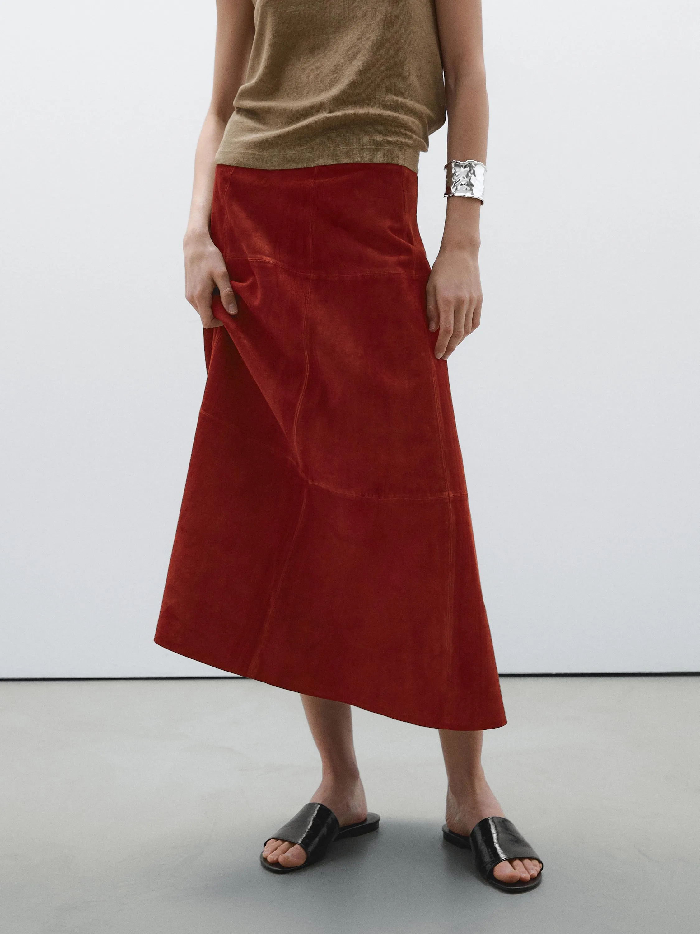 Suede leather flared midi skirt