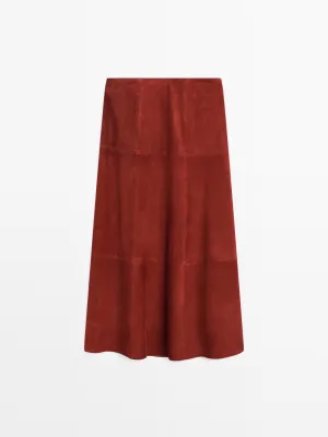 Suede leather flared midi skirt