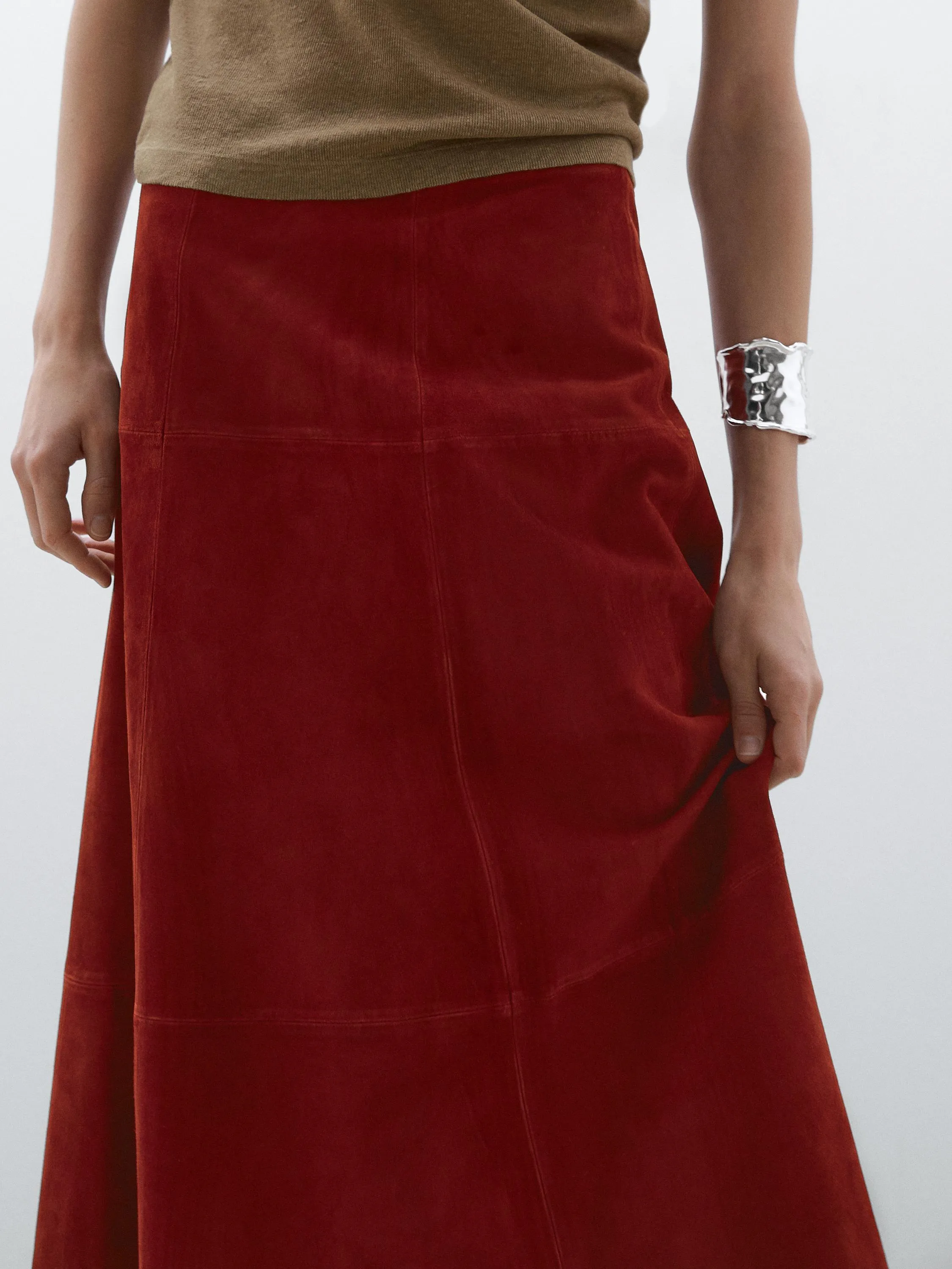 Suede leather flared midi skirt