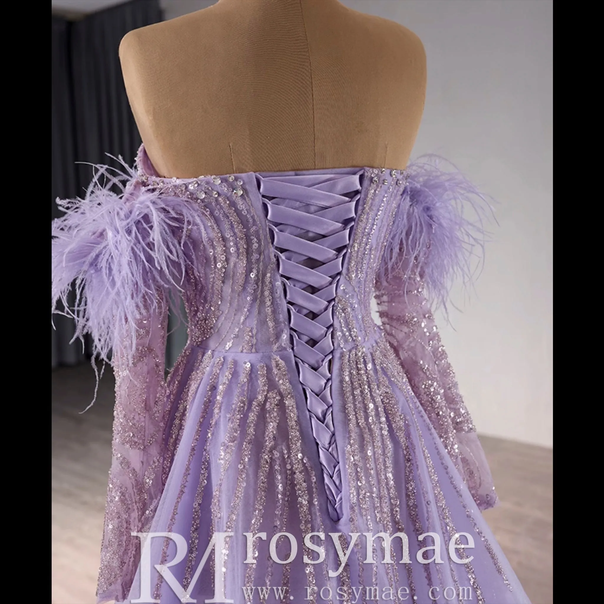 Sweetheart Lilac Sheer Formal Gown Prom Dress with Long Sleeve