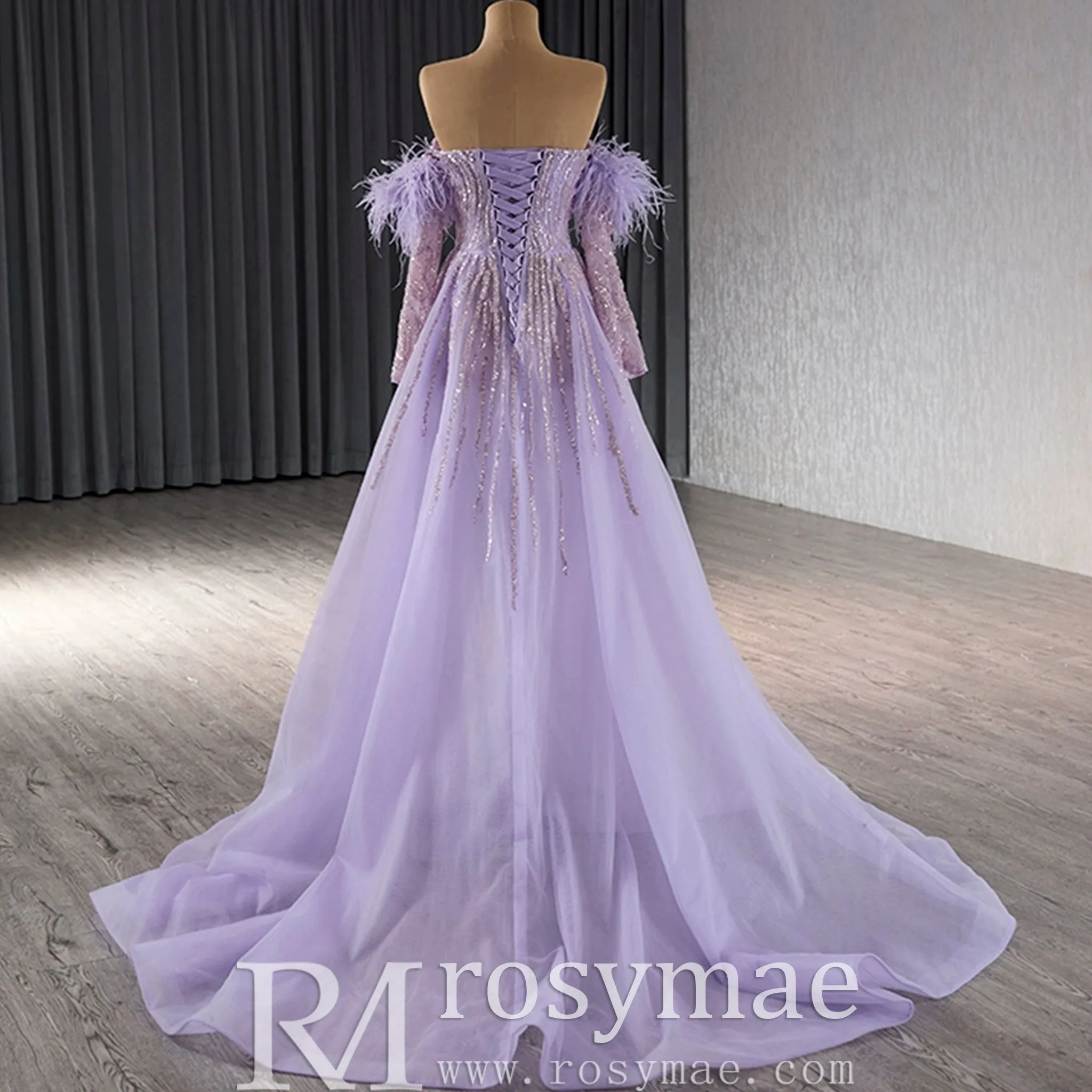 Sweetheart Lilac Sheer Formal Gown Prom Dress with Long Sleeve