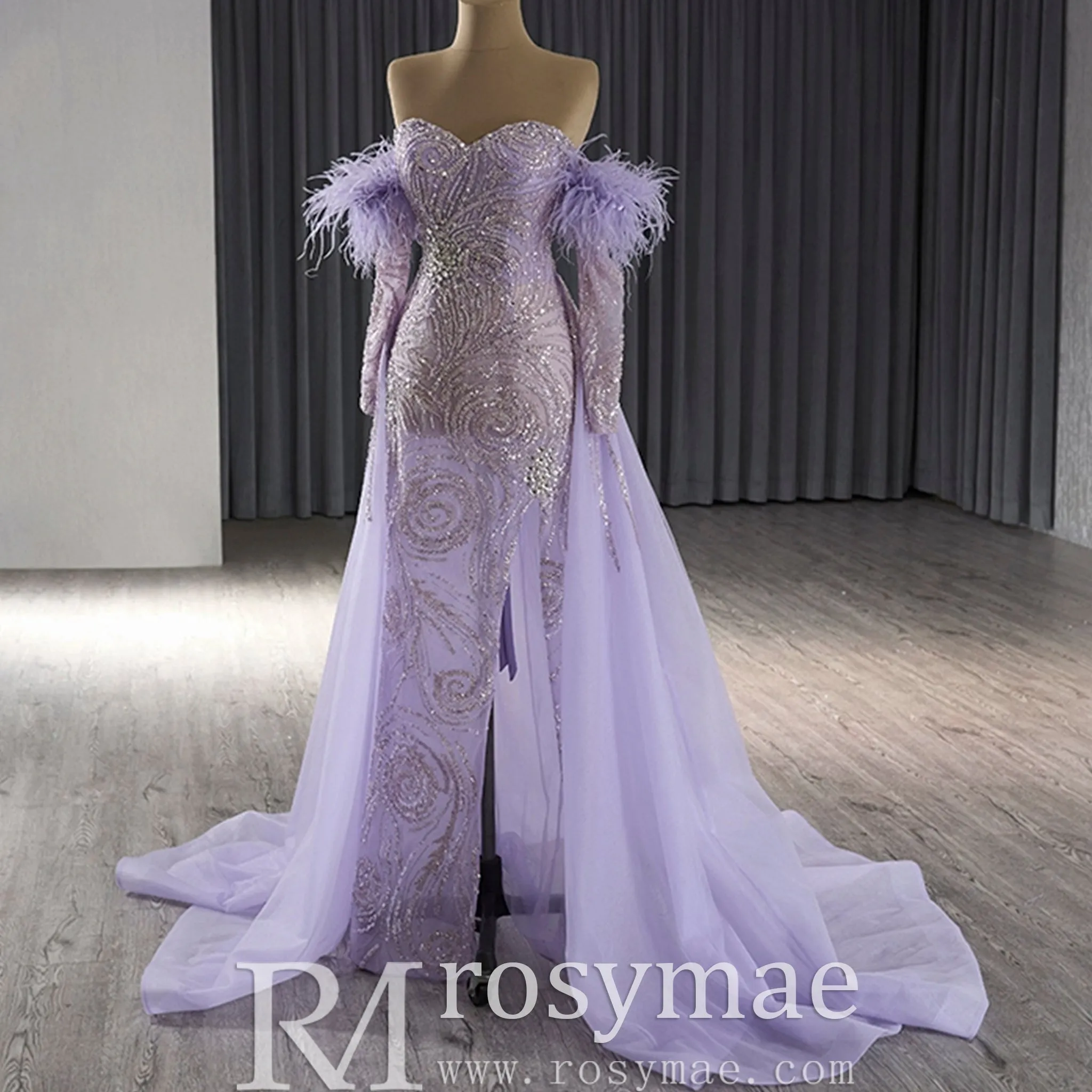 Sweetheart Lilac Sheer Formal Gown Prom Dress with Long Sleeve