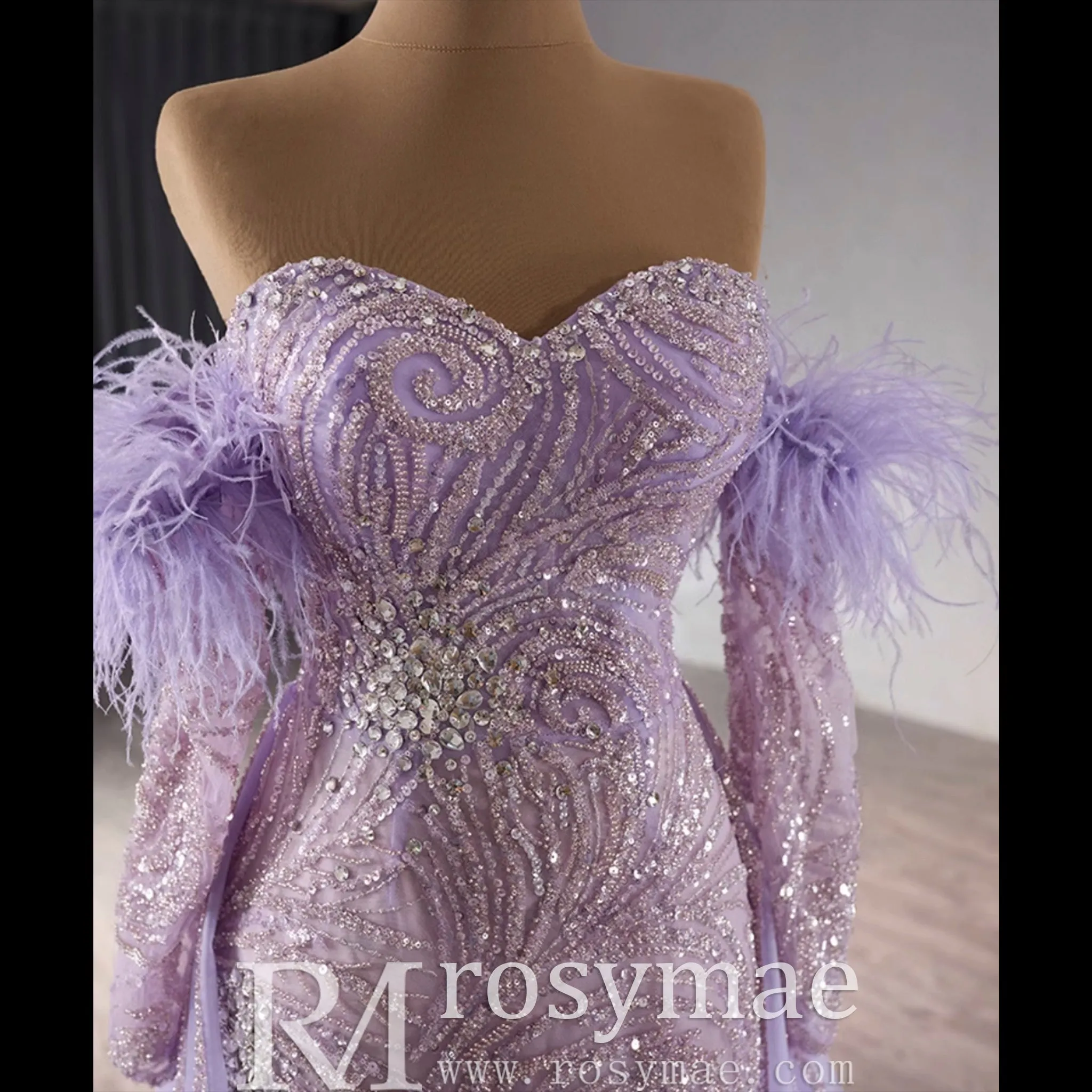 Sweetheart Lilac Sheer Formal Gown Prom Dress with Long Sleeve