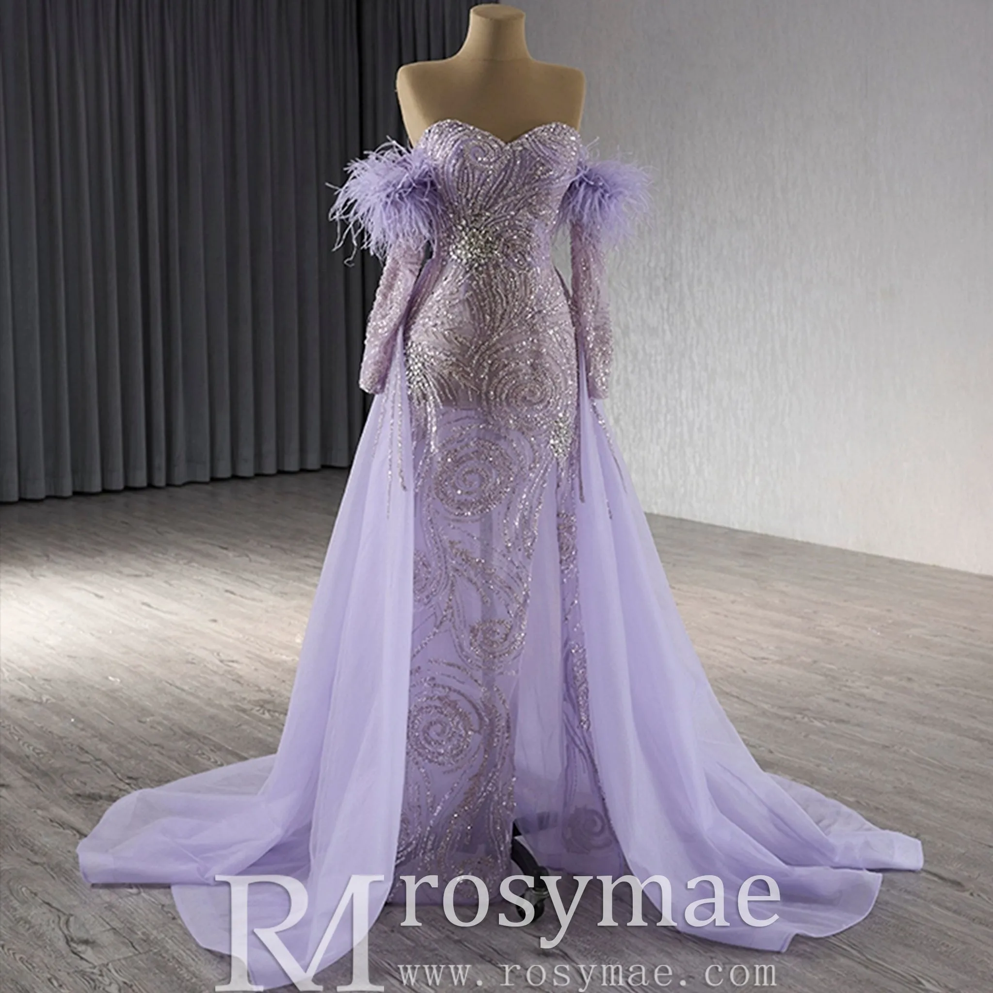 Sweetheart Lilac Sheer Formal Gown Prom Dress with Long Sleeve