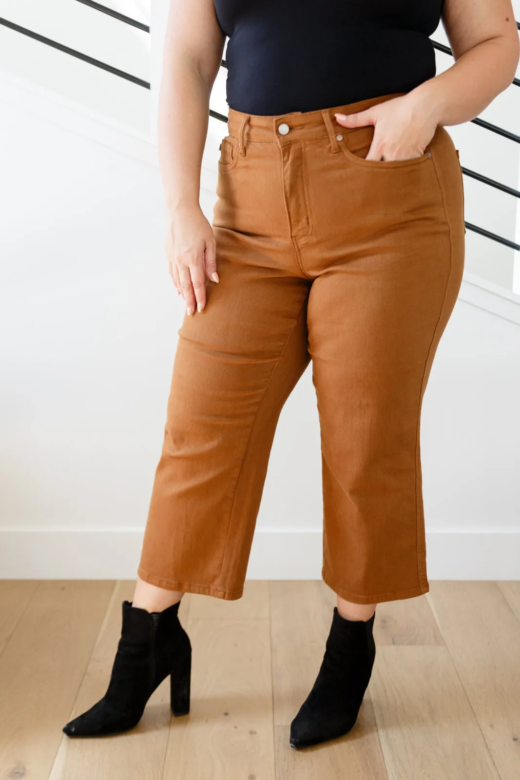 The Gabby- Tummy Control Camel Wide Leg Judy Blue Jeans