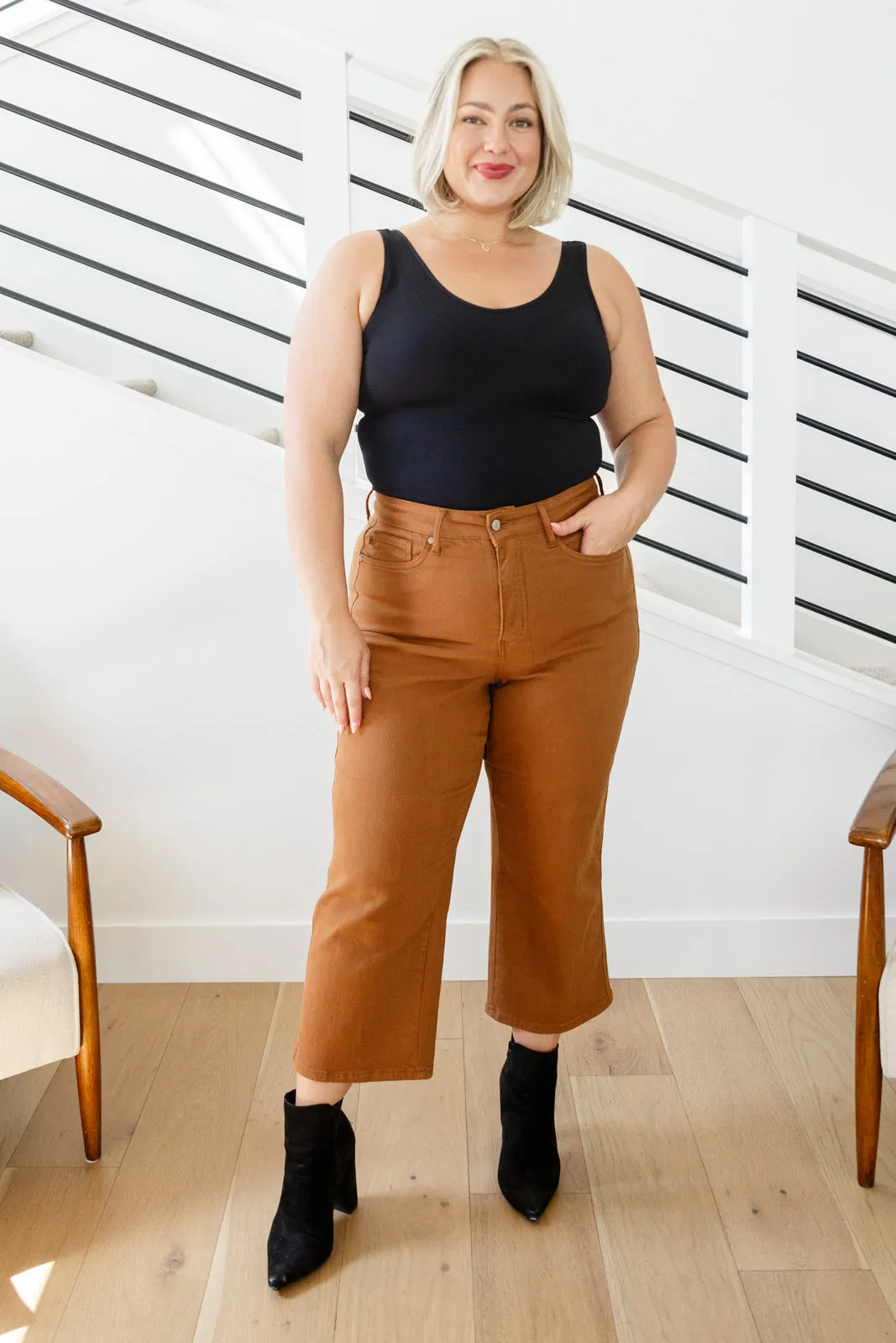 The Gabby- Tummy Control Camel Wide Leg Judy Blue Jeans