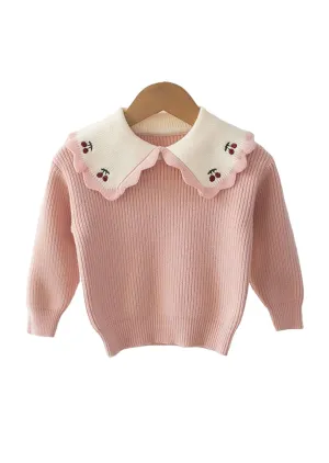 Toddler Girls Pink Embroidered Collar Sweater