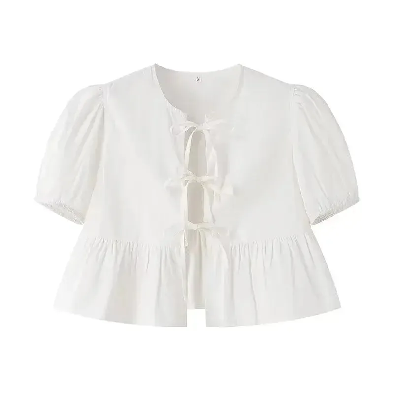 TRAF Ruffle Blouses Woman 2024 Puff Sleeve Shirts and Blouses for Women White Black Ruched Crop Top Female Ruched Women's Blouse