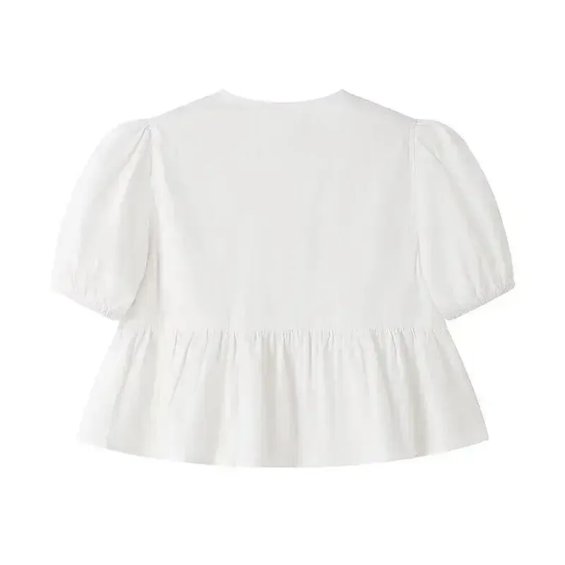 TRAF Ruffle Blouses Woman 2024 Puff Sleeve Shirts and Blouses for Women White Black Ruched Crop Top Female Ruched Women's Blouse