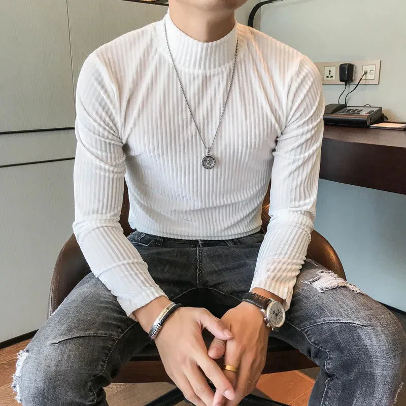 Velours Homme 2019 Autumn Heren Velvet T shirt Green Turtleneck Khaki T Shirts Mens Stripe T-shirts Slim Fit Mens T Shirt Retro
