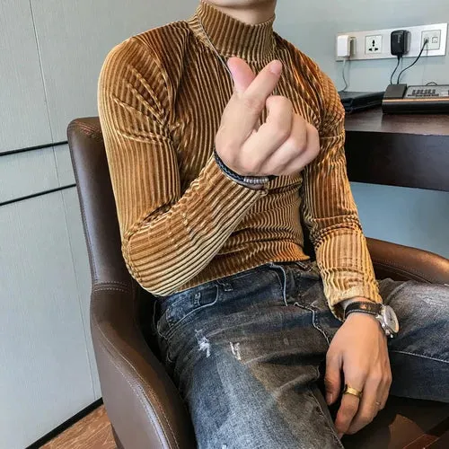 Velours Homme 2019 Autumn Heren Velvet T shirt Green Turtleneck Khaki T Shirts Mens Stripe T-shirts Slim Fit Mens T Shirt Retro