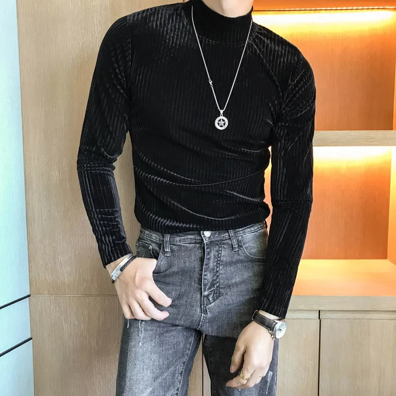 Velours Homme 2019 Autumn Heren Velvet T shirt Green Turtleneck Khaki T Shirts Mens Stripe T-shirts Slim Fit Mens T Shirt Retro