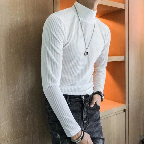 Velours Homme 2019 Autumn Heren Velvet T shirt Green Turtleneck Khaki T Shirts Mens Stripe T-shirts Slim Fit Mens T Shirt Retro