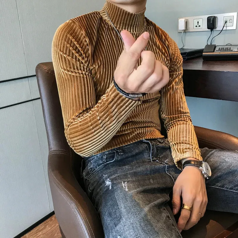 Velours Homme 2019 Autumn Heren Velvet T shirt Green Turtleneck Khaki T Shirts Mens Stripe T-shirts Slim Fit Mens T Shirt Retro